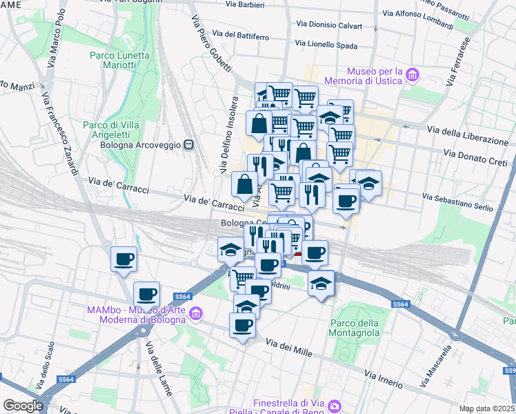 map of restaurants, bars, coffee shops, grocery stores, and more near 1 Via Aristotile Fioravanti in Bologna