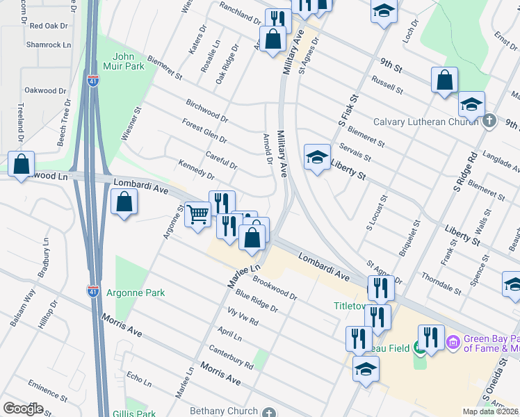 map of restaurants, bars, coffee shops, grocery stores, and more near 1521 Kennedy Drive in Green Bay