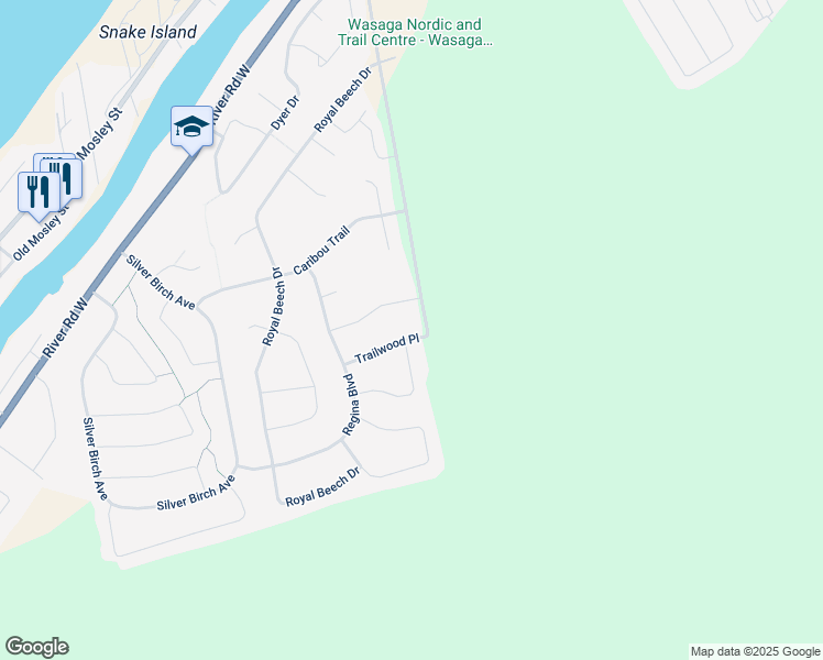 map of restaurants, bars, coffee shops, grocery stores, and more near 21 Trailwood Place in Wasaga Beach