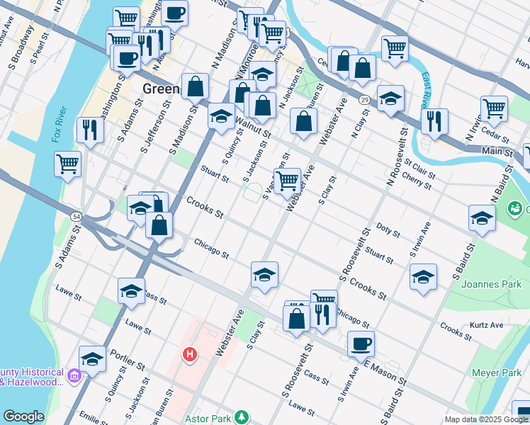 map of restaurants, bars, coffee shops, grocery stores, and more near 317 South Van Buren Street in Green Bay