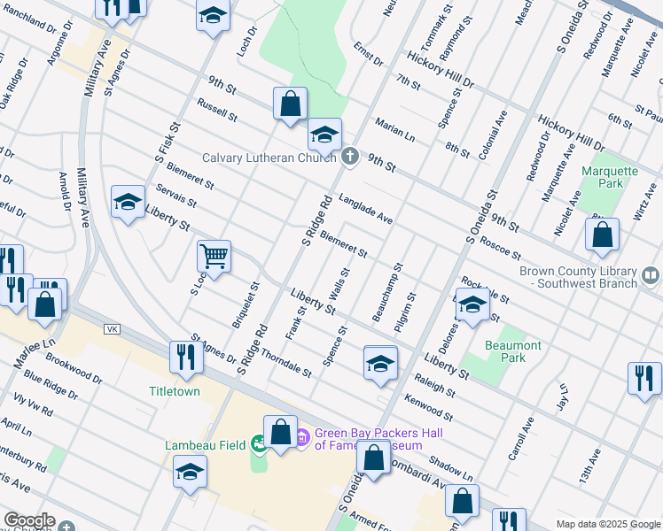 map of restaurants, bars, coffee shops, grocery stores, and more near 1513 Frank Street in Green Bay