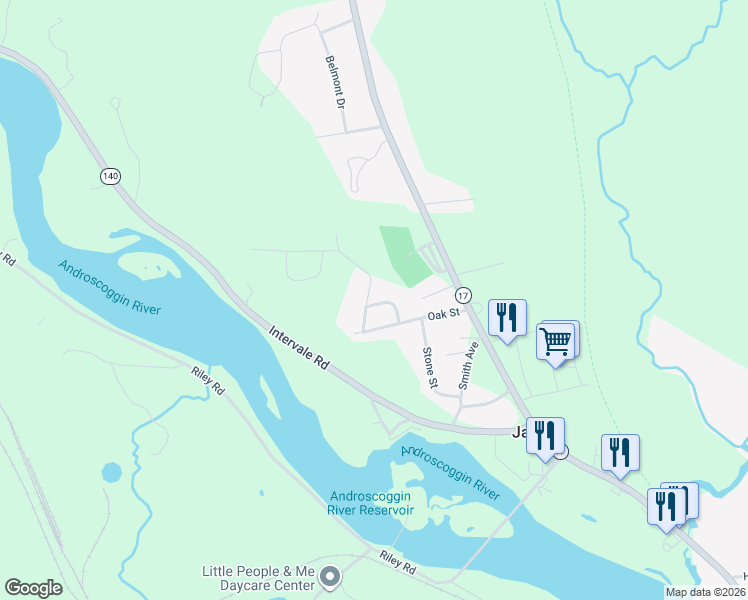 map of restaurants, bars, coffee shops, grocery stores, and more near 17 Bryant Drive in Jay
