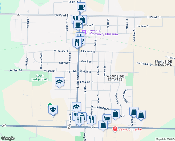 map of restaurants, bars, coffee shops, grocery stores, and more near 456 Ivory Street in Seymour