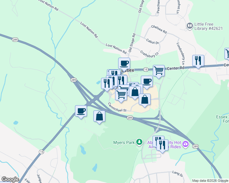 map of restaurants, bars, coffee shops, grocery stores, and more near 2 Carmichael Street in Essex