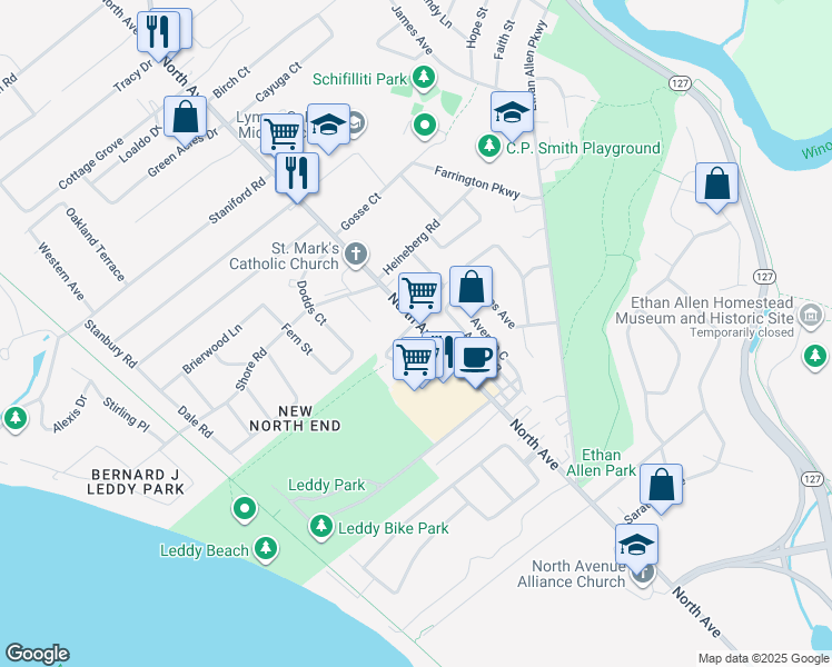 map of restaurants, bars, coffee shops, grocery stores, and more near 1193 North Avenue in Burlington