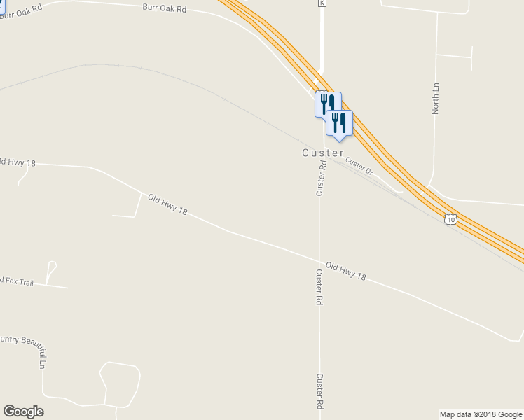 map of restaurants, bars, coffee shops, grocery stores, and more near 7130 Old Highway 18 in Custer