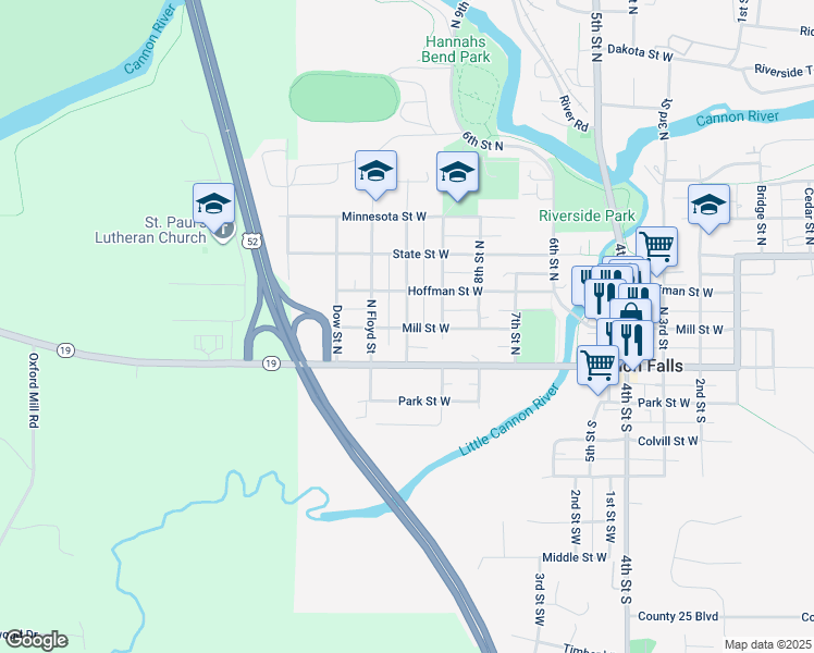 map of restaurants, bars, coffee shops, grocery stores, and more near 1016 Mill Street West in Cannon Falls