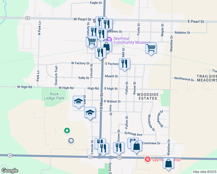 map of restaurants, bars, coffee shops, grocery stores, and more near 456 Ivory Street in Seymour