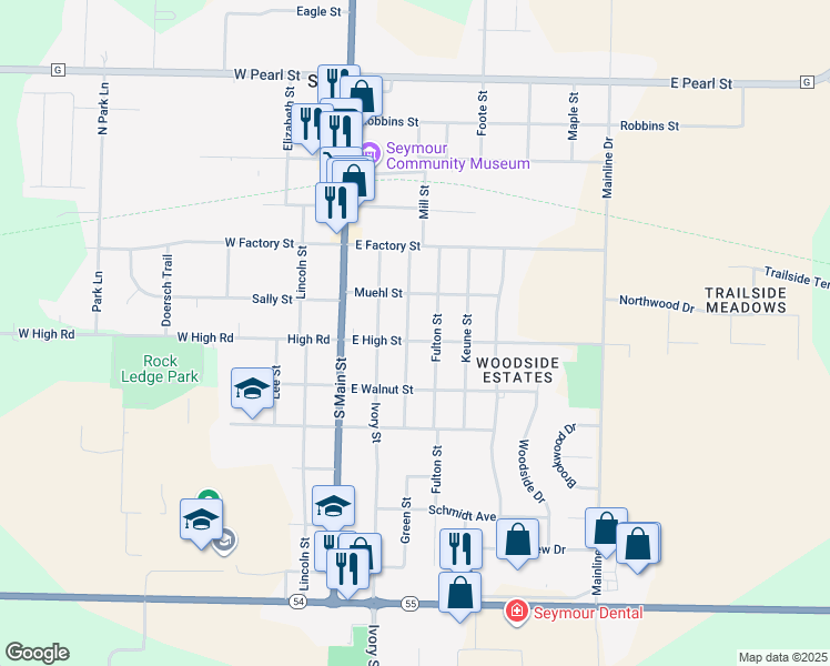 map of restaurants, bars, coffee shops, grocery stores, and more near 307 East High Street in Seymour