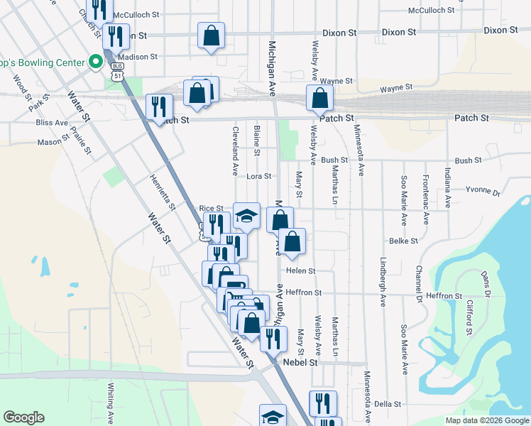 map of restaurants, bars, coffee shops, grocery stores, and more near 2309 Rice Street in Stevens Point