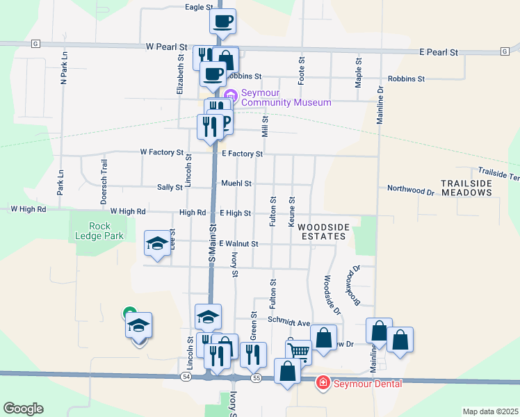 map of restaurants, bars, coffee shops, grocery stores, and more near 307 East High Street in Seymour