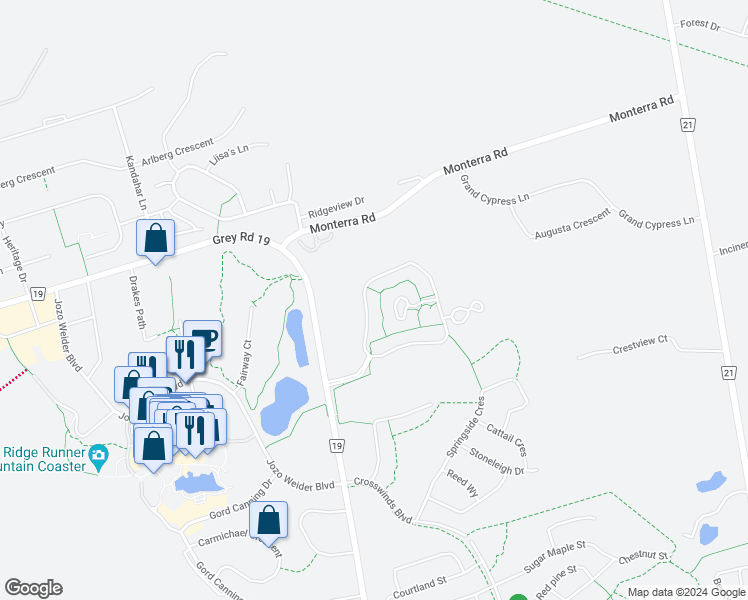 map of restaurants, bars, coffee shops, grocery stores, and more near 133 Snowbridge Way in Grey County