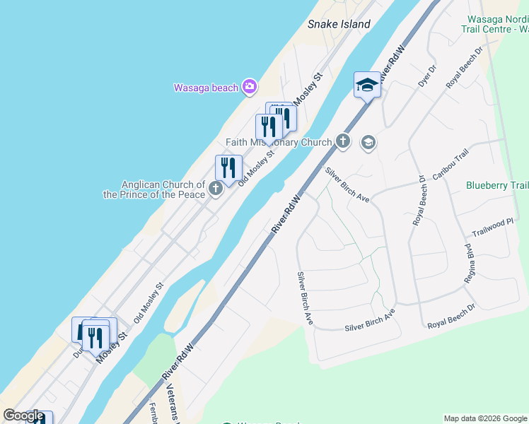 map of restaurants, bars, coffee shops, grocery stores, and more near 10 Edgewater Road in Wasaga Beach