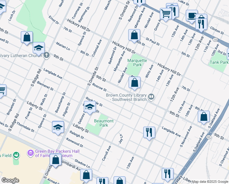 map of restaurants, bars, coffee shops, grocery stores, and more near 1078 Roscoe St in Green Bay
