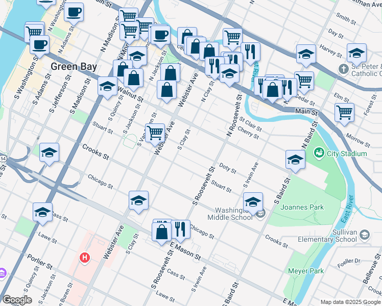 map of restaurants, bars, coffee shops, grocery stores, and more near 1124 Doty Street in Green Bay