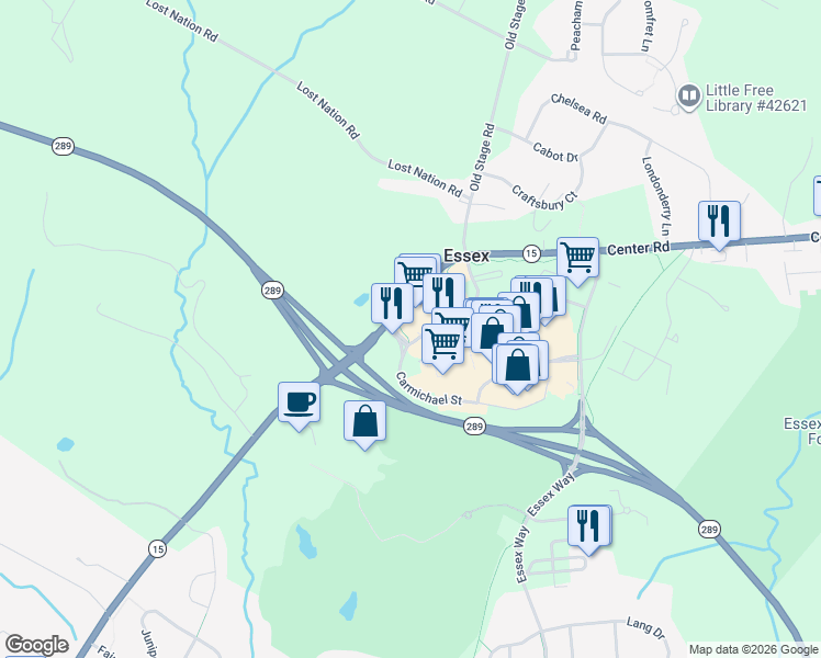 map of restaurants, bars, coffee shops, grocery stores, and more near 2 Carmichael Street in Essex