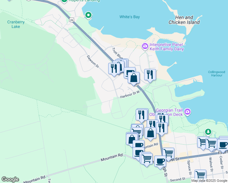 map of restaurants, bars, coffee shops, grocery stores, and more near 5 Dawson Drive in Collingwood