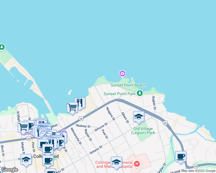 map of restaurants, bars, coffee shops, grocery stores, and more near 63 Saint Lawrence Street in Collingwood