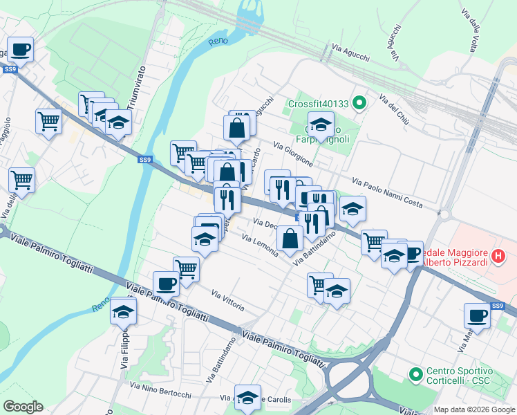 map of restaurants, bars, coffee shops, grocery stores, and more near 132 Via Emilia Ponente in Bologna