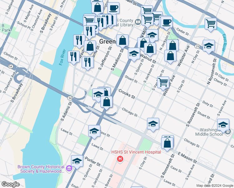 map of restaurants, bars, coffee shops, grocery stores, and more near 417 South Monroe Avenue in Green Bay