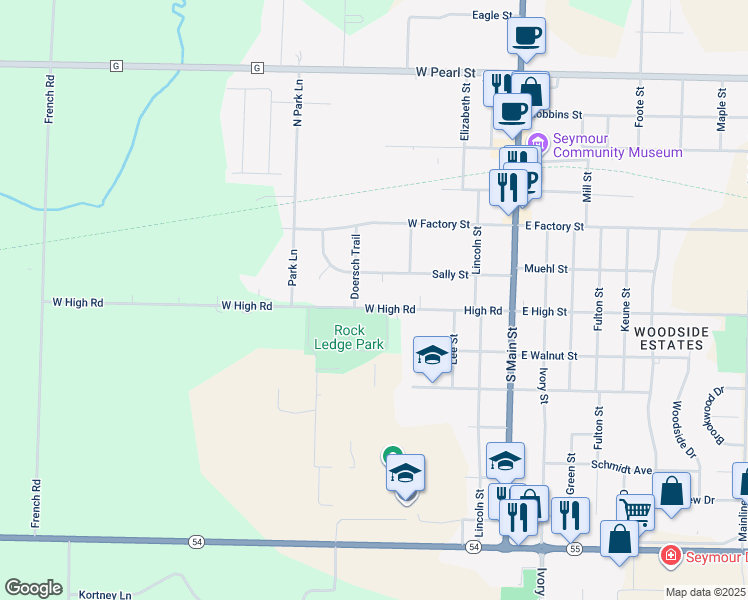 map of restaurants, bars, coffee shops, grocery stores, and more near 535 West High Road in Seymour