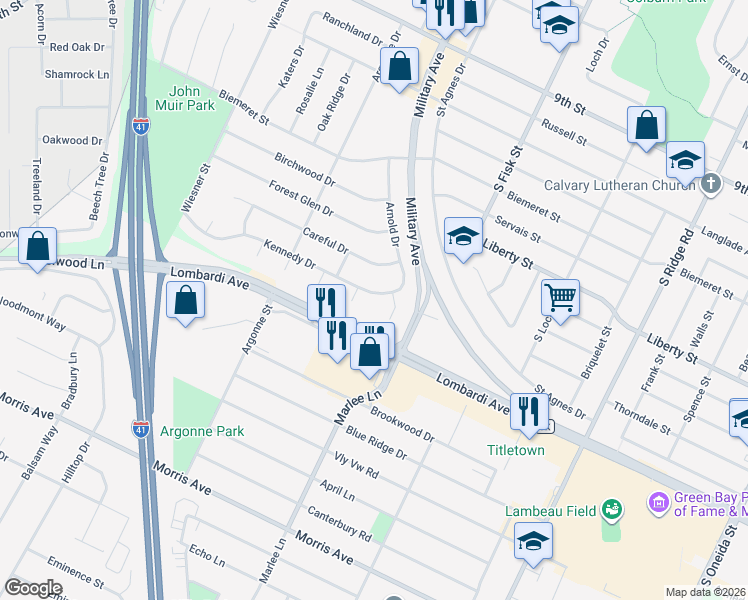 map of restaurants, bars, coffee shops, grocery stores, and more near 1521 Kennedy Drive in Green Bay