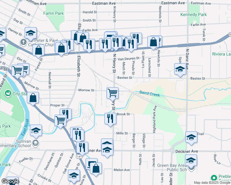 map of restaurants, bars, coffee shops, grocery stores, and more near 343-419 N Henry St in Green Bay