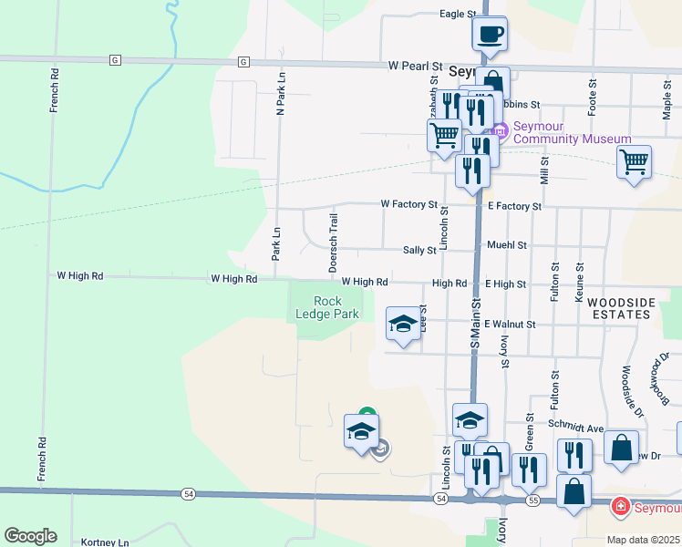map of restaurants, bars, coffee shops, grocery stores, and more near 535 West High Road in Seymour