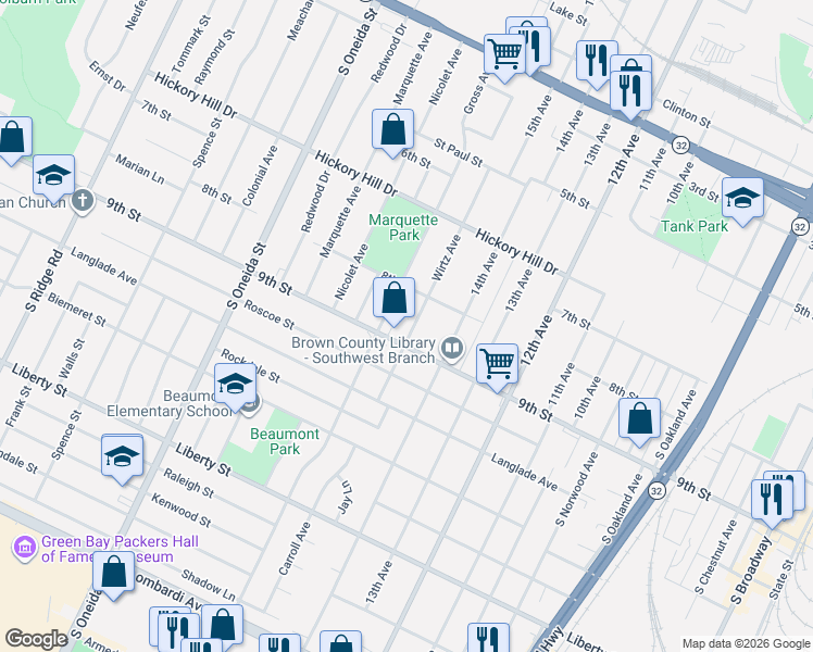 map of restaurants, bars, coffee shops, grocery stores, and more near 1026 9th Street in Green Bay
