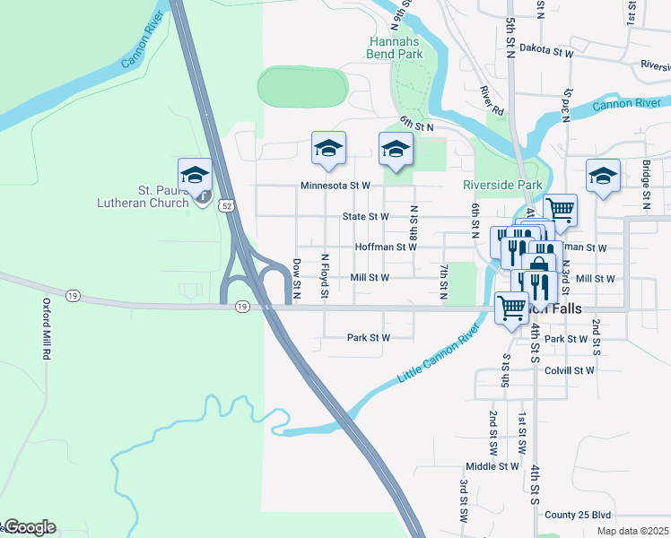 map of restaurants, bars, coffee shops, grocery stores, and more near 1016 Mill Street West in Cannon Falls