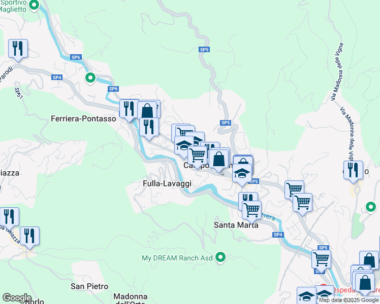 map of restaurants, bars, coffee shops, grocery stores, and more near 40 Via Alcide De Gasperi in Campomorone
