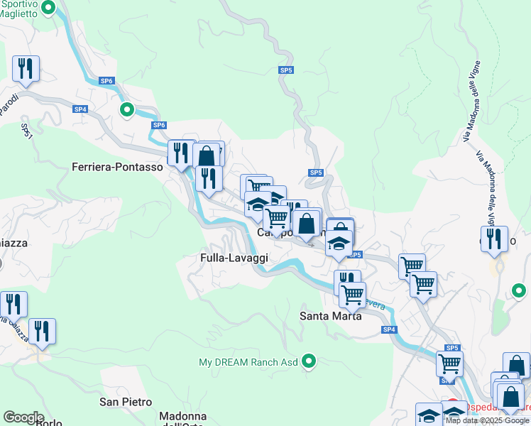 map of restaurants, bars, coffee shops, grocery stores, and more near Strada Provinciale 6 in Campomorone