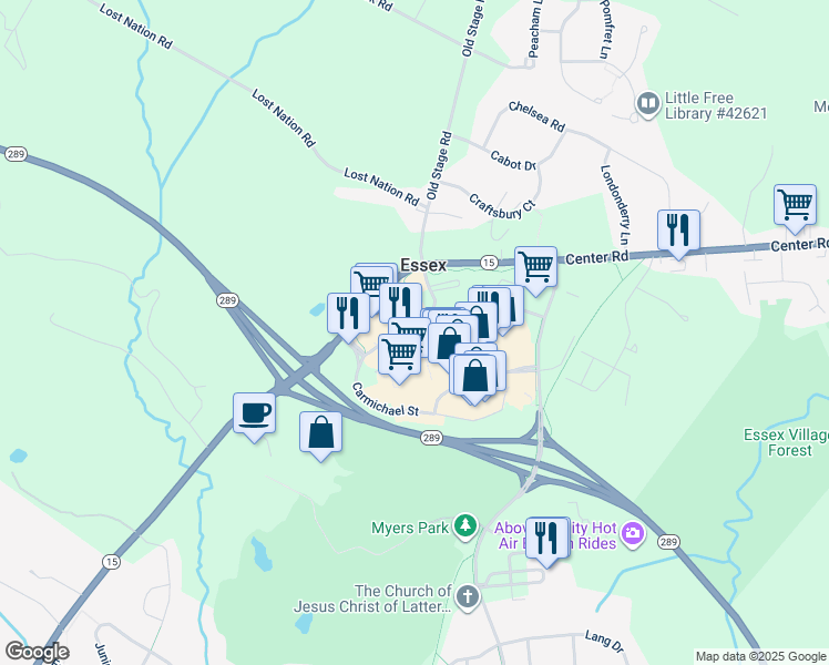 map of restaurants, bars, coffee shops, grocery stores, and more near 7 Carmichael Street in Essex