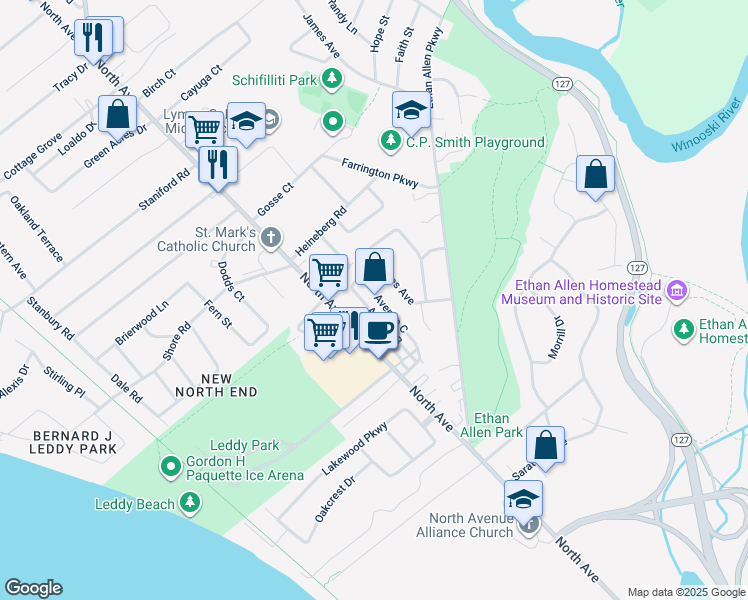 map of restaurants, bars, coffee shops, grocery stores, and more near 55 Avenue C in Burlington