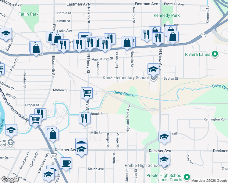 map of restaurants, bars, coffee shops, grocery stores, and more near 1900 Morrow Street in Green Bay
