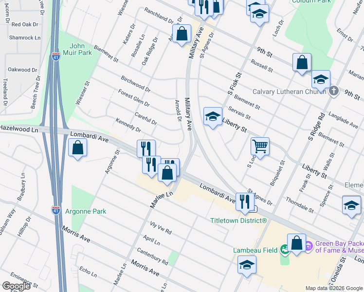 map of restaurants, bars, coffee shops, grocery stores, and more near 1815 Careful Court in Green Bay