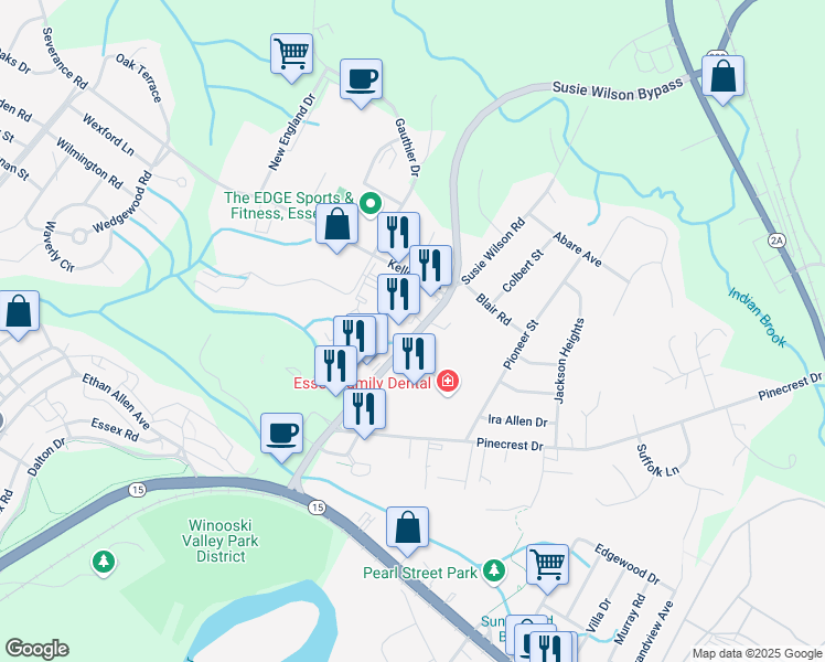 map of restaurants, bars, coffee shops, grocery stores, and more near 1 David Drive in Essex
