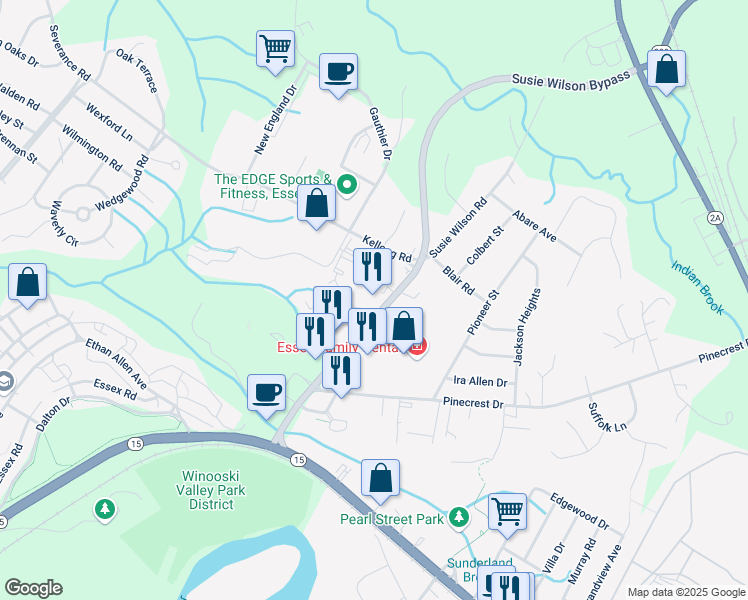 map of restaurants, bars, coffee shops, grocery stores, and more near 1 David Drive in Essex