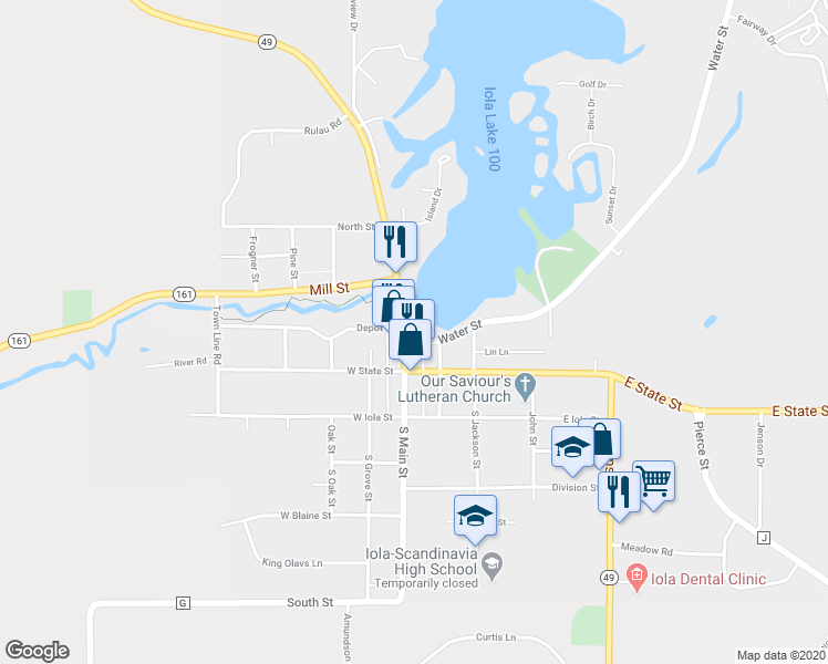 map of restaurants, bars, coffee shops, grocery stores, and more near 190 North Main Street in Iola