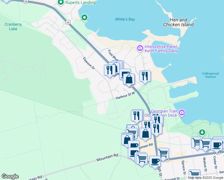 map of restaurants, bars, coffee shops, grocery stores, and more near 5 Dawson Drive in Collingwood