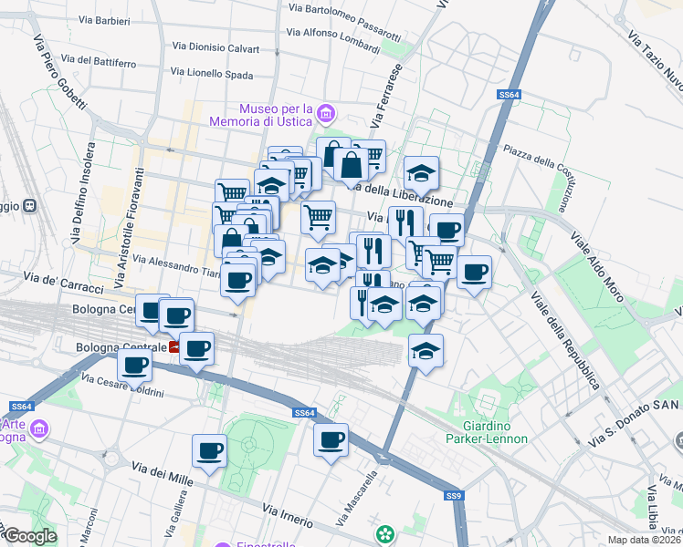 map of restaurants, bars, coffee shops, grocery stores, and more near Via Sebastiano Serlio in Bologna