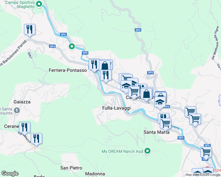 map of restaurants, bars, coffee shops, grocery stores, and more near Strada Provinciale 4 in Genoa