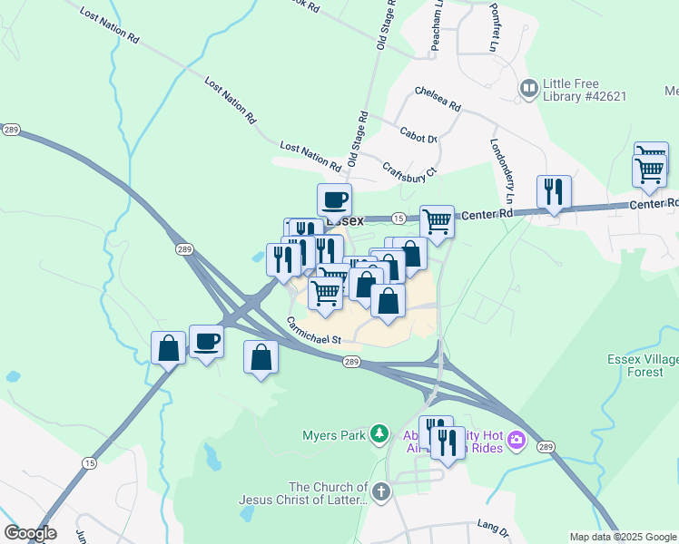 map of restaurants, bars, coffee shops, grocery stores, and more near 7 Carmichael Street in Essex