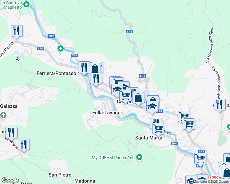 map of restaurants, bars, coffee shops, grocery stores, and more near 185 Via Martiri della Libertà in Campomorone