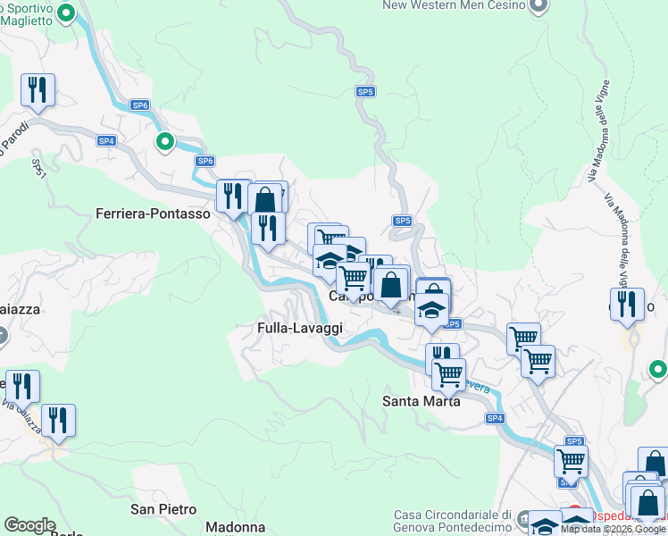 map of restaurants, bars, coffee shops, grocery stores, and more near 185 Via Martiri della Libertà in Campomorone