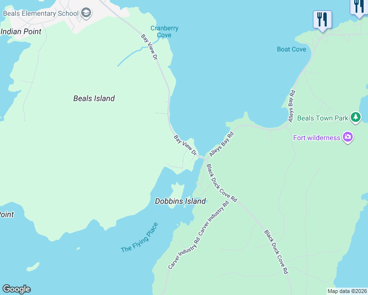 map of restaurants, bars, coffee shops, grocery stores, and more near 5 Breeze Way in Beals