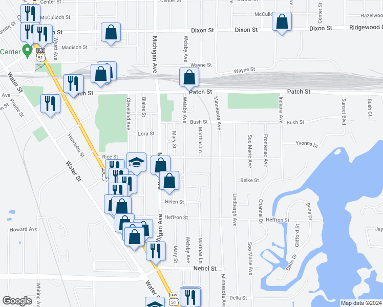 map of restaurants, bars, coffee shops, grocery stores, and more near 2606 Rice Street in Stevens Point