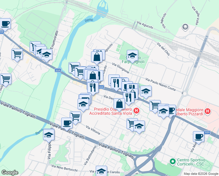 map of restaurants, bars, coffee shops, grocery stores, and more near 132 Via Emilia Ponente in Bologna