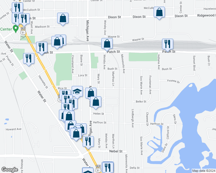 map of restaurants, bars, coffee shops, grocery stores, and more near 2602 Rice Street in Stevens Point