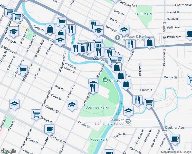 map of restaurants, bars, coffee shops, grocery stores, and more near 219 North Baird Street in Green Bay